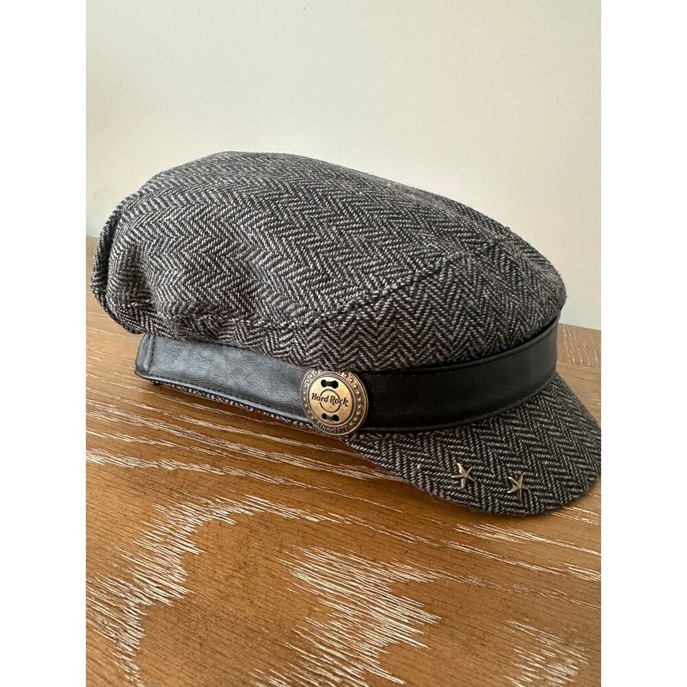 Hard Rock London Union Jack Herringbone Cap/ Newsboy Hat with Faux Leather Trim